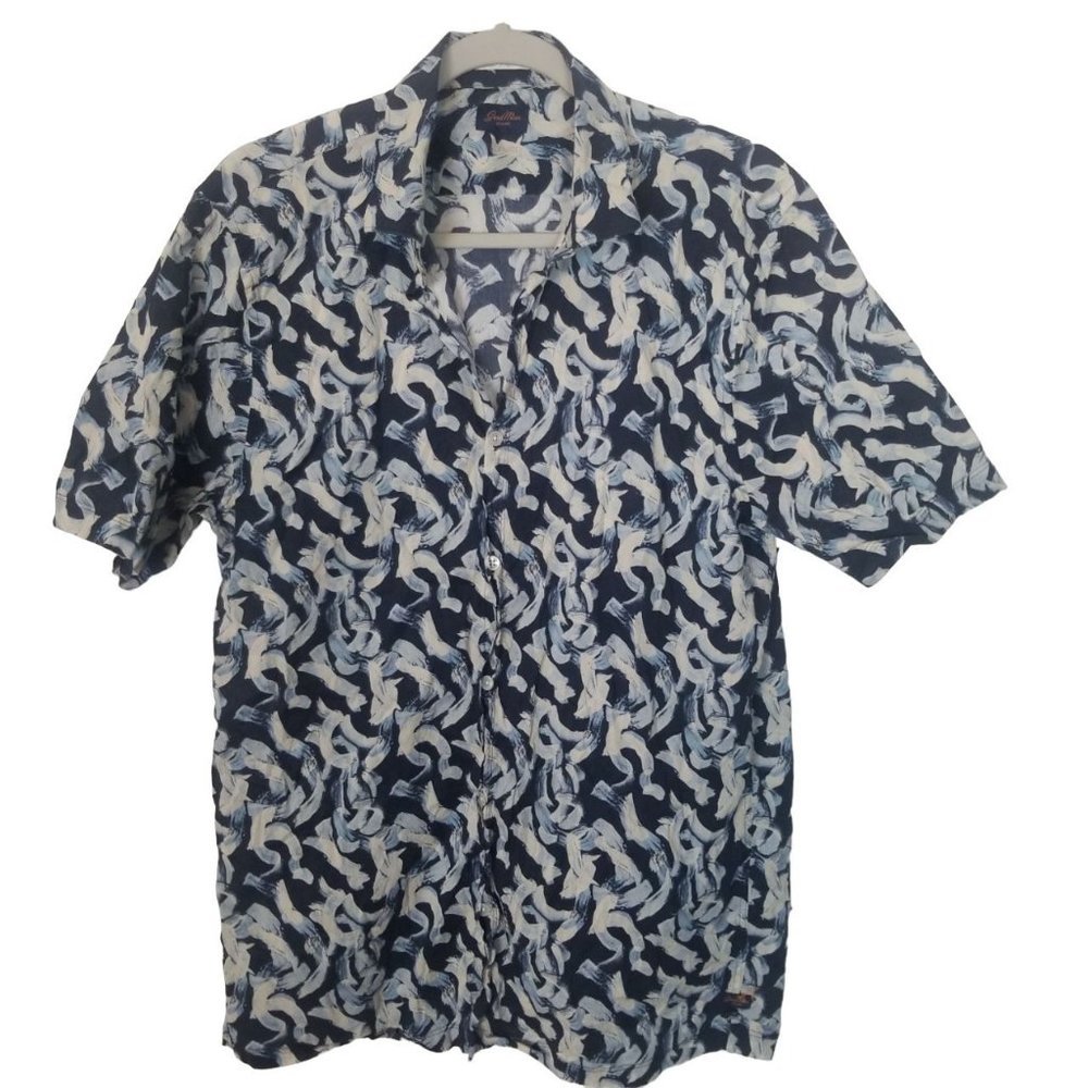 Good Man Mens L Blue White All Over Print Short Sleeves Button Up Shirt Collared